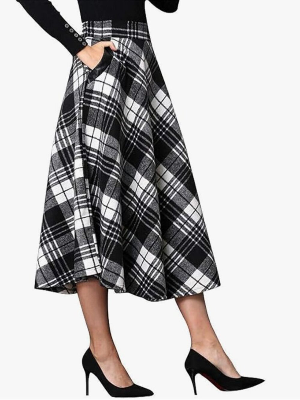 NWT Womens Plaid Wool Blend Midi Skirt Elastic Waist A-Line Tartan